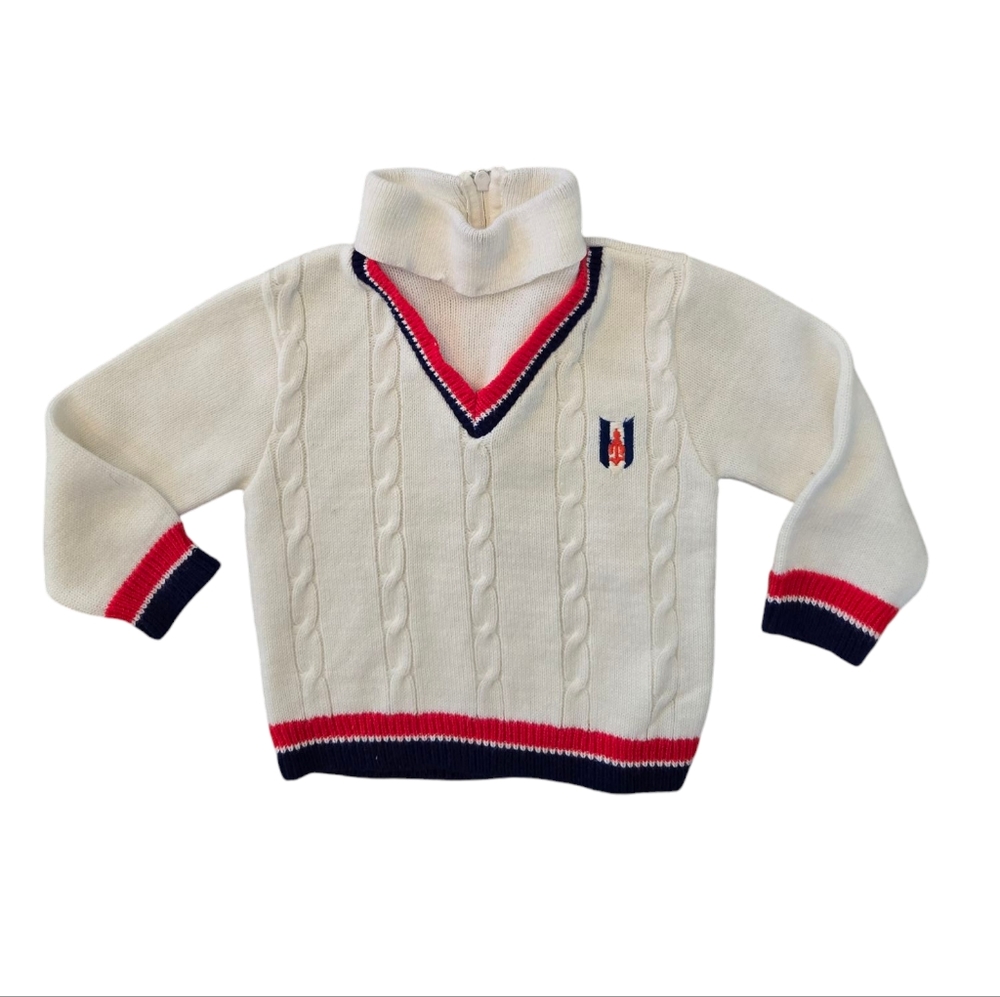 Vintage White Preppy Cable Knit Turtleneck Sweater with Red and Blue Accents